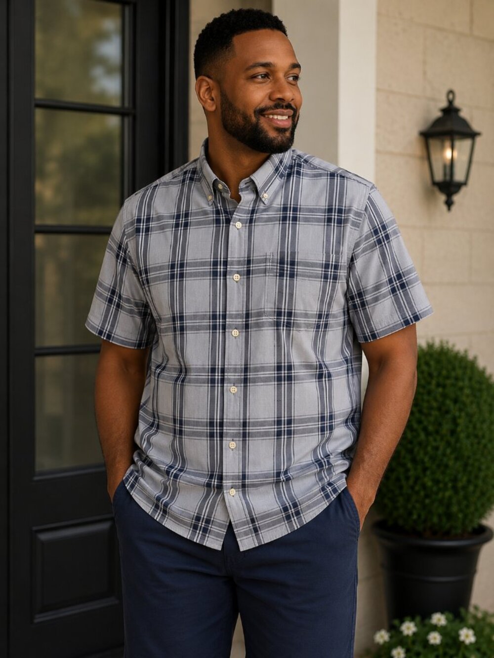 Faded Glory Blue and Navy Plaid Short-Sleeve Button-Down Shirt